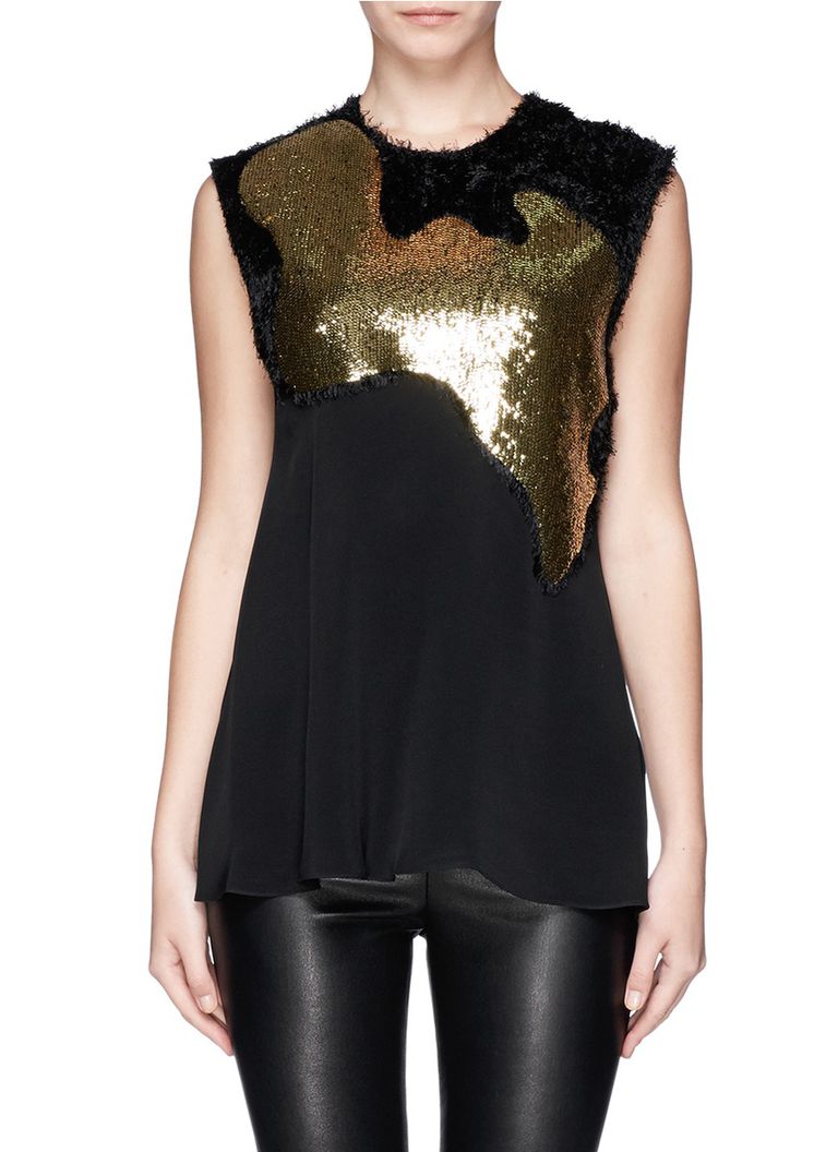3.1 Phillip Lim sequin silk fringe top and coated jeans
