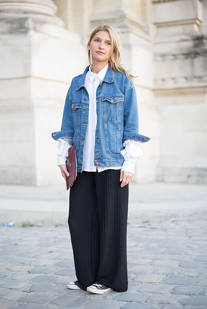 Jean jacket and maxi skirt outfit