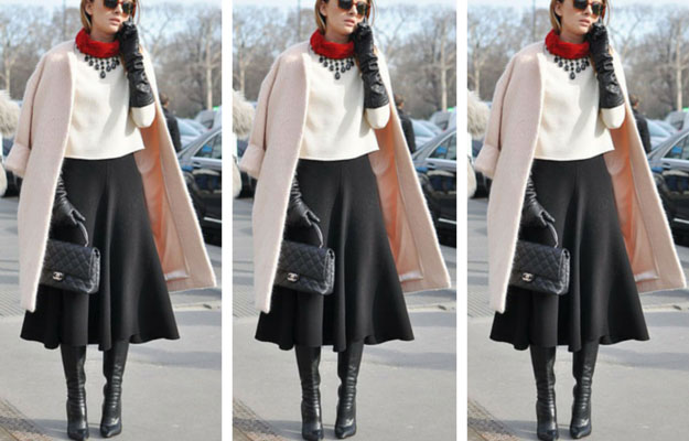 Fekete Midi Skirt Overknee Boots Outfit