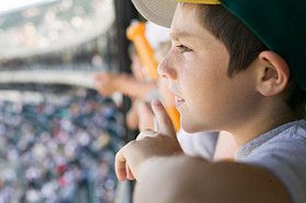 A boy attends a major league baseball game.
