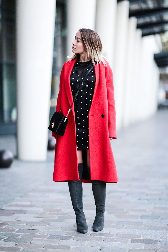 Polka dot dress and red coat
