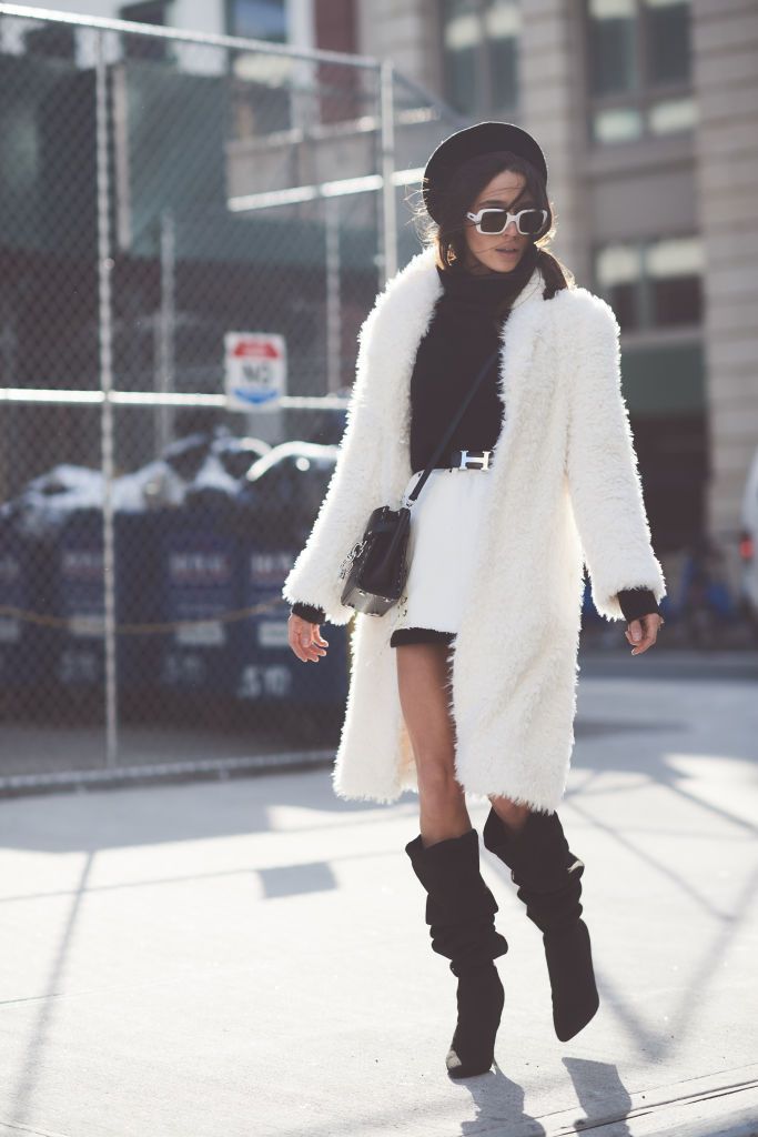 सड़क style in white faux fur coat