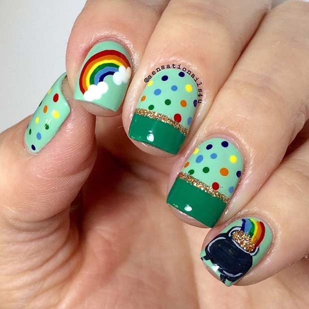 रंगीन Rainbow and Pot of Gold St Patrick's Day Nails