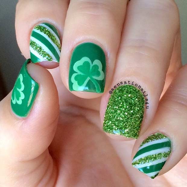 Zelena Stripes and Clovers Nail Design 