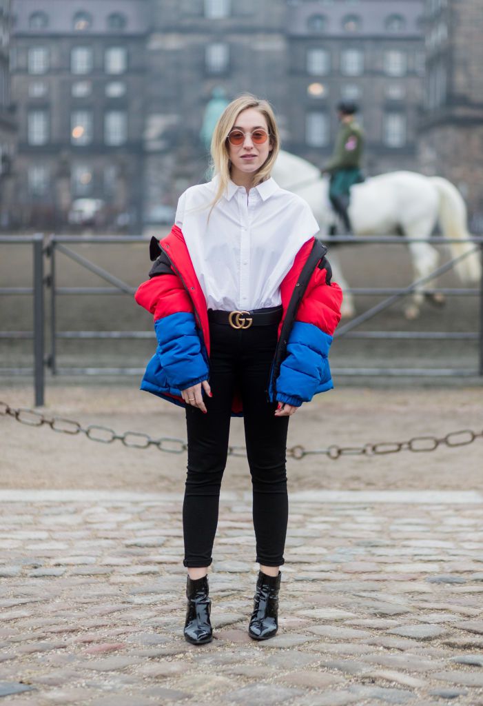 Ulica style in white coat and puffer jacket
