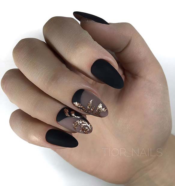 Elegantan Matte Black and Gold Nails