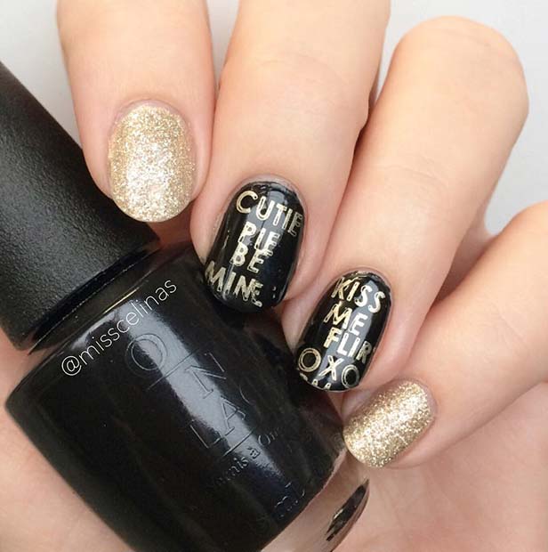 Слатко and Flirty Black and Gold Nails
