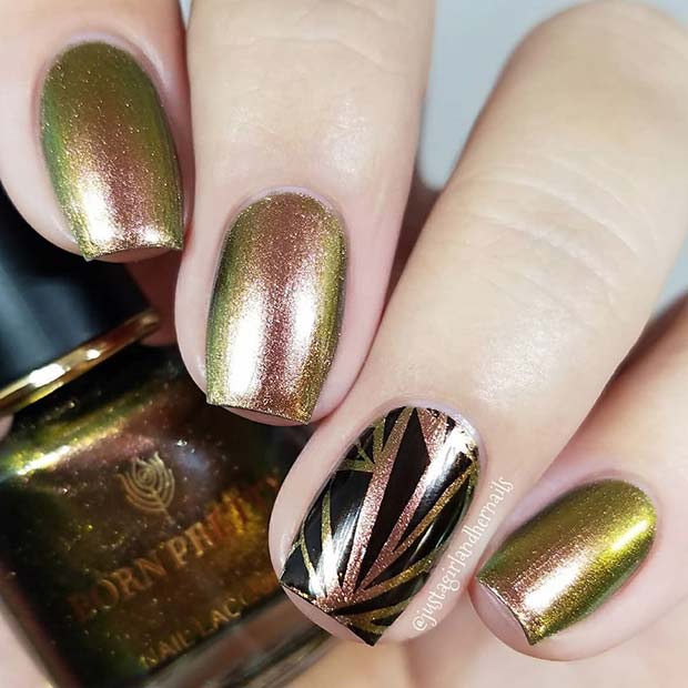 Metalic Gold Nails with a Black Accent Nail