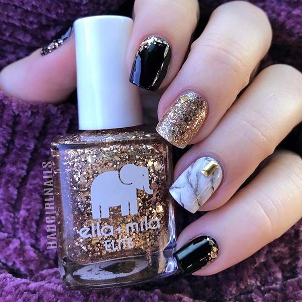 Marmor, Black and Gold Glitter Nails