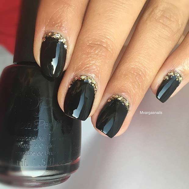 Chic Black Nails with Gold Glitter