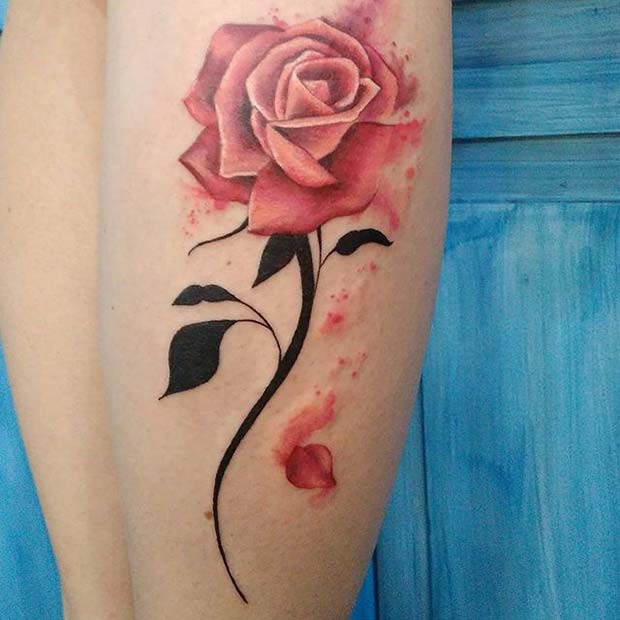 สีชมพู Petal Rose with Dark Stem Tattoo Design Idea