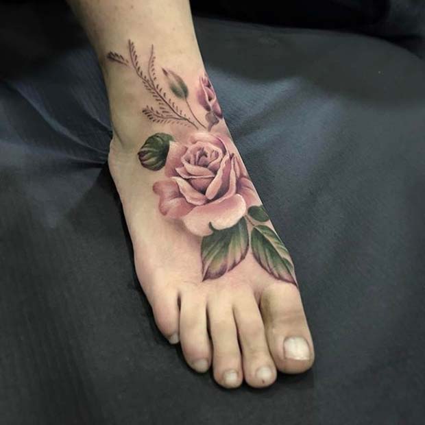 น่ารัก Pink Rose Foot Tattoo Idea