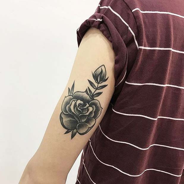 Črna Ink Single Rose Back of Arm Tattoo Idea
