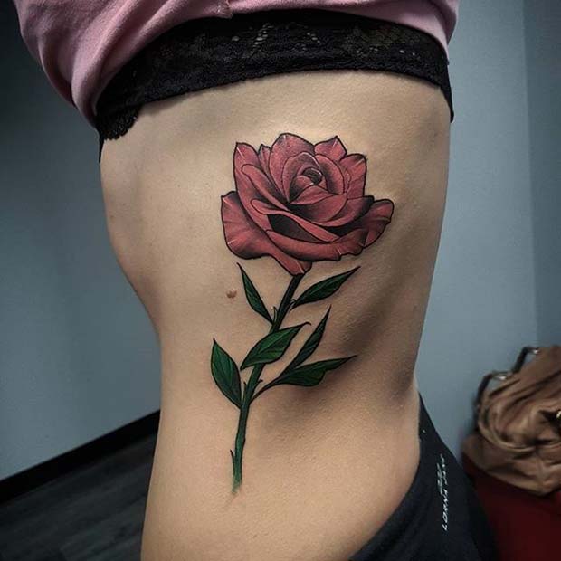 Enda Red Rose Rib Tattoo Idea