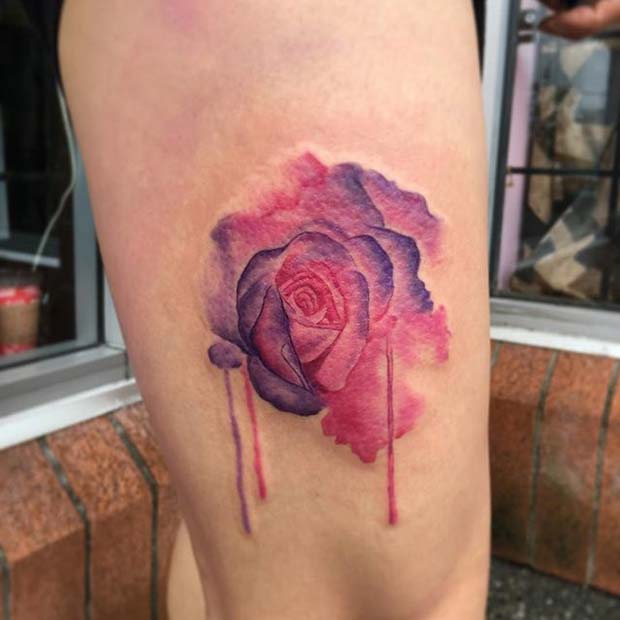 สีชมพู and Purple Watercolor Rose Tattoo Idea