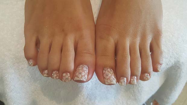 Beyaz Floral Nail Art Pedicure with Gems for a Wedding Pedicure Idea for brides 