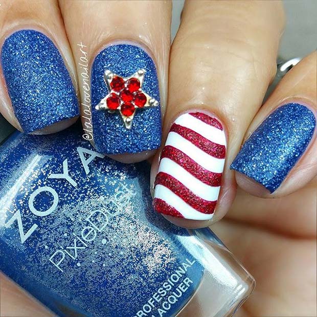 אָדוֹם and Blue Glitter Nails for 4th of July