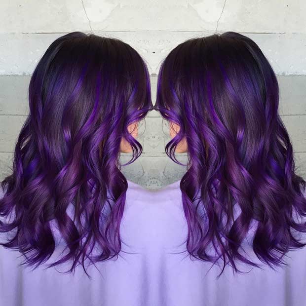 มืด Brown Hair with Dark Purple Highlights 