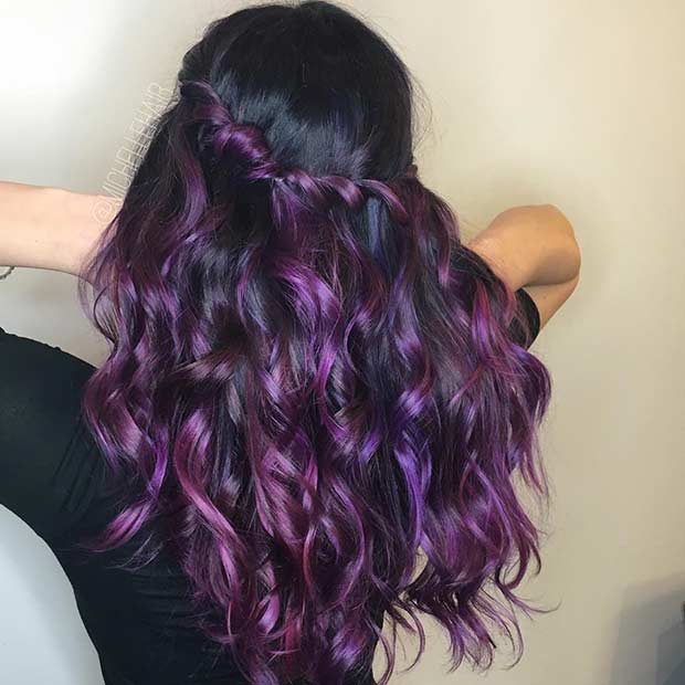 Lång Curly Purple Hair Color Idea