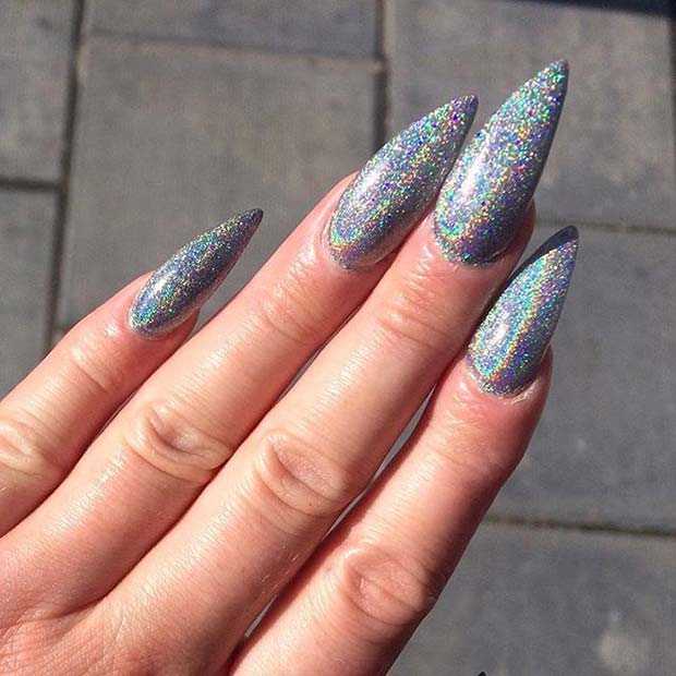 Bold, Silver Glitter Pointy Nails