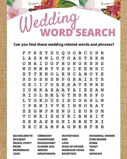 Esküvő Word Search Idea for Bridal Shower Game