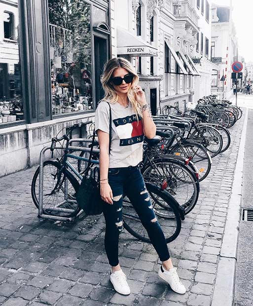 Grå T Shirt Ripped Jeans Casual Outfit Idea