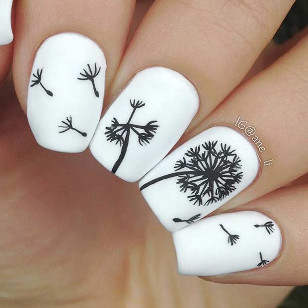 ขาว Dandelion Nail Art Design