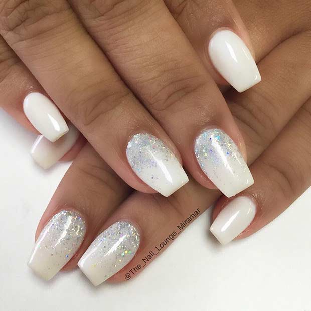 Vit and Silver Glitter Ombre Nails