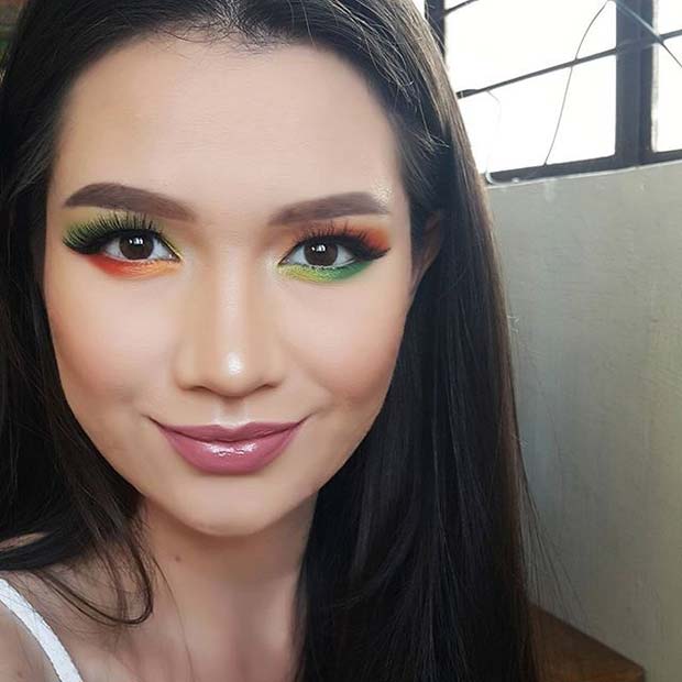 สีเขียว, Yellow and Orange Eye Shadow Makeup Idea for Spring