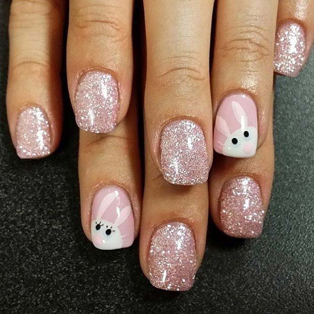 सुंदर Glitter and Bunny Nails
