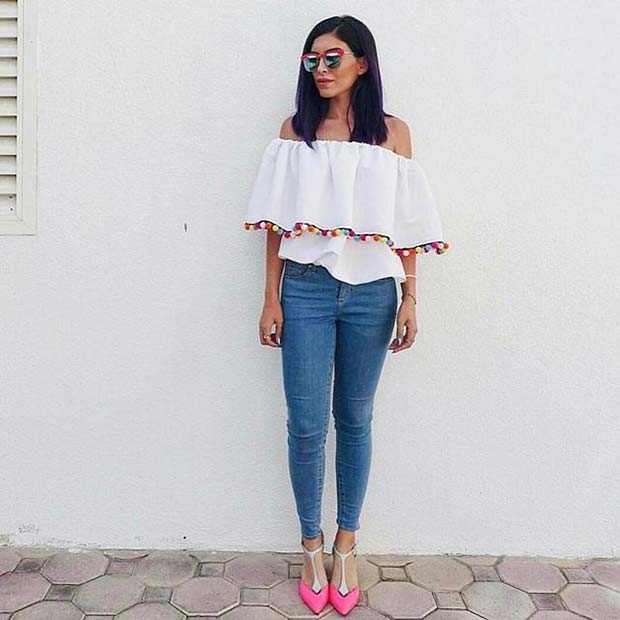 Pom Pom Top and Jeans Outfit Idea