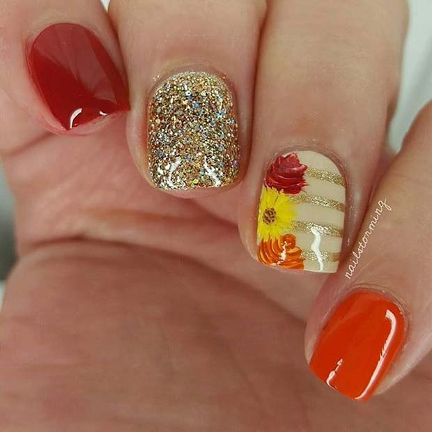 padec Leaf and Flower Accent Nail Design