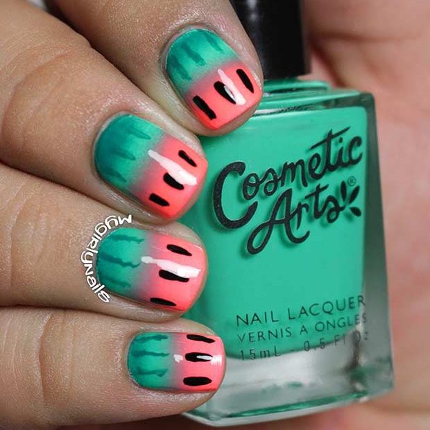 अंधेरा Green and Pink Watermelon Nails
