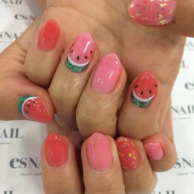 สีแดง and Pink Watermelon Nails