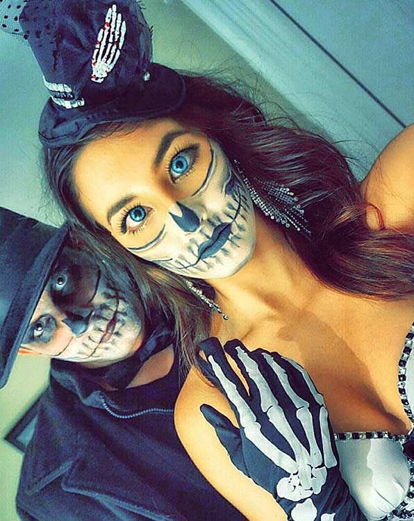 DIY Skeleton Couple Halloween Costume and Makeup Idea