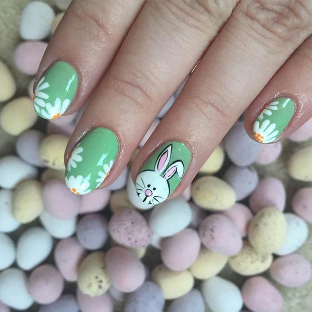 Verde Rabbit and Flowers Easter Nail Art Design for Almond Nails