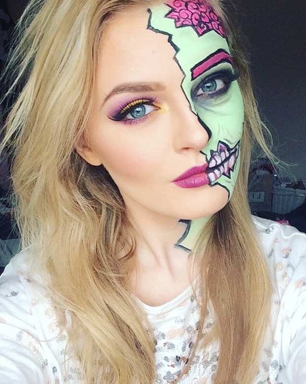 ครึ่ง Face Pop Art Zombie Makeup Look for Halloween
