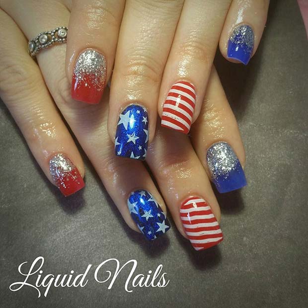 ओंब्रे Glitter, Stars and Stripes for 4th July Nail Design Idea