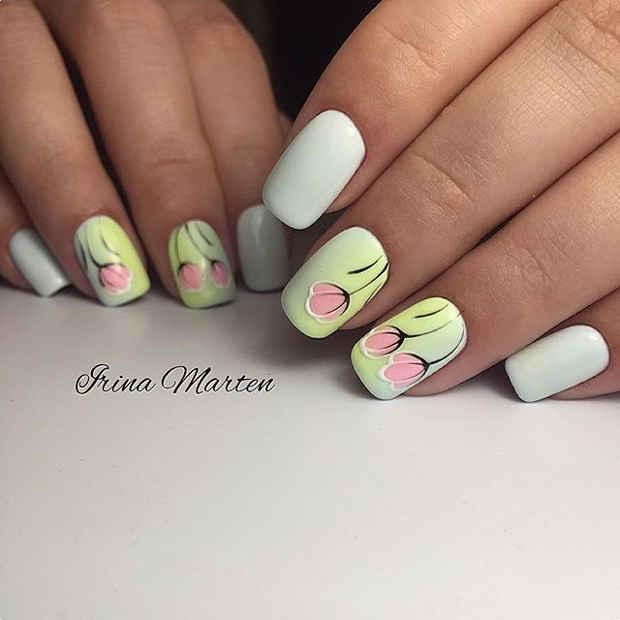 ขาว Nails with Pink Tulip Style Nail Art for Spring 2017
