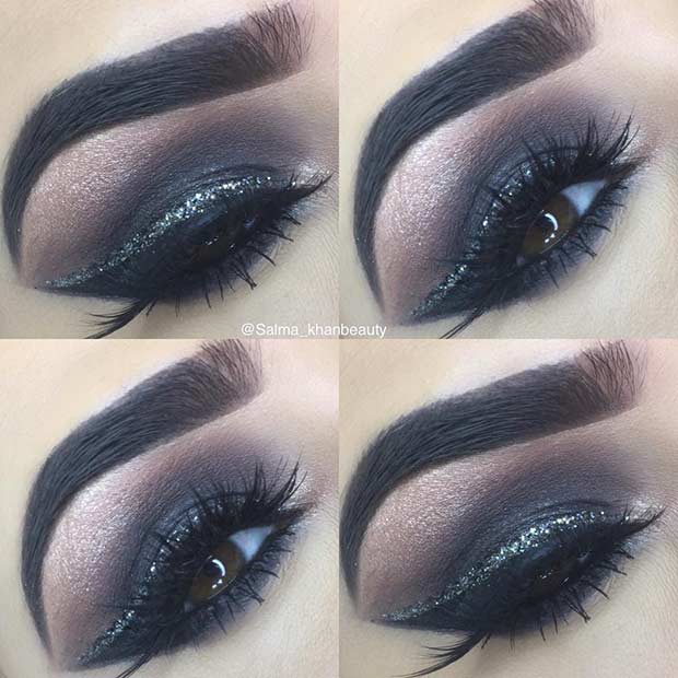 Fekete Smokey Eye Makeup Idea with a Pop of Glitter