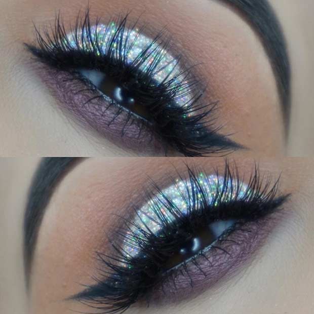 Gümüş Glitter Cut Crease Eye Makeup Idea for Brown Eyes