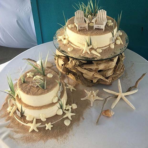 plaj and Sand Theme Wedding Cake Idea for Beach Wedding