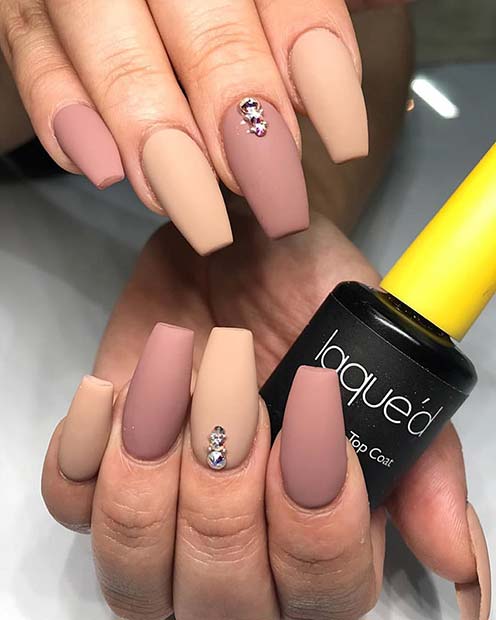 Nud Matte Coffin Nails with Gems