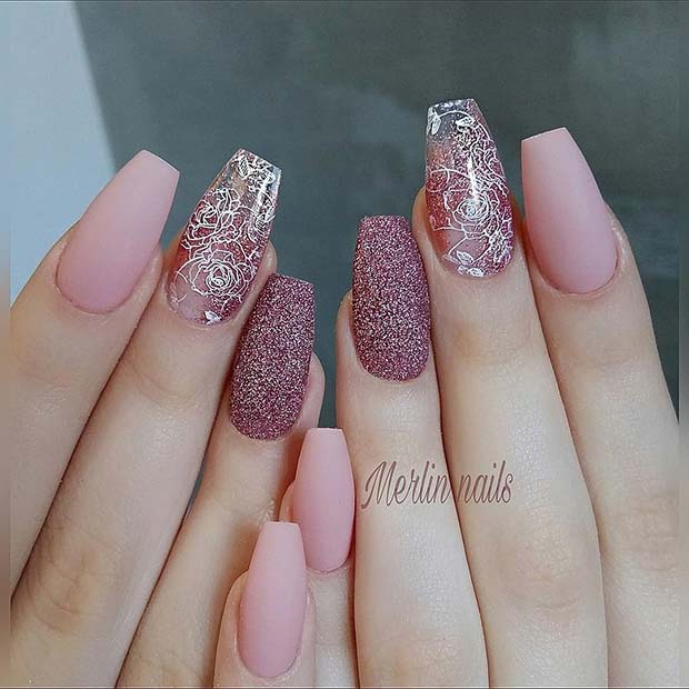 Глам Matte Coffin Nails with Flowers and Glitter
