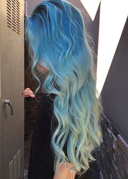 Pastel Blue Ombre Hair Color Idea for Long Hair