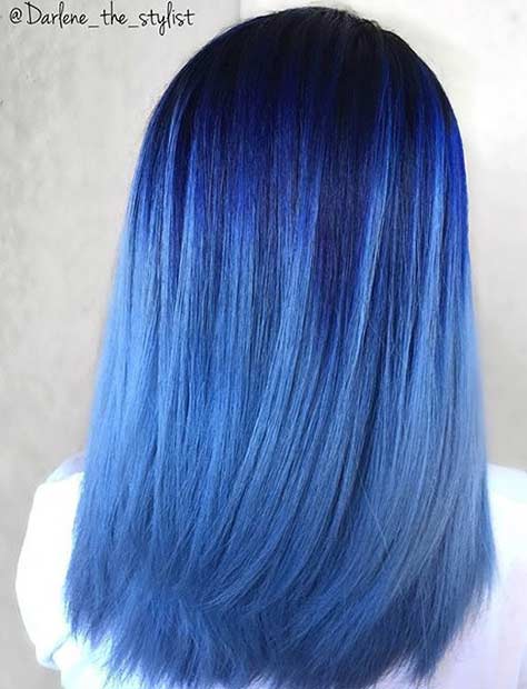 Mörk Blue to Pastel Sky Blue Ombre Hair