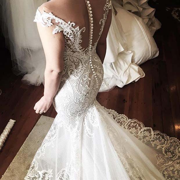 לבן Lace Wedding Dress with Button Detail