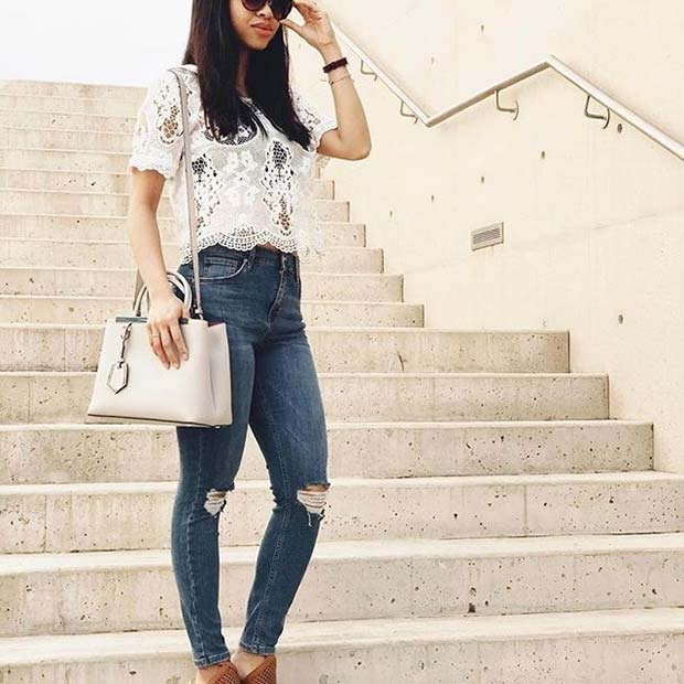 फीता Top Ripped Jeans for Spring 2017 Women's Outfit Idea