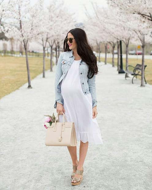 бео Dress and Denim Jacket Maternity Outfit 