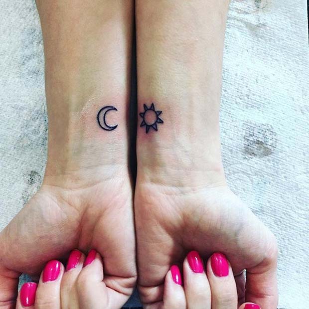 ดวงจันทร์ and Sun Double Wrist Design for Women's Tattoo Ideas